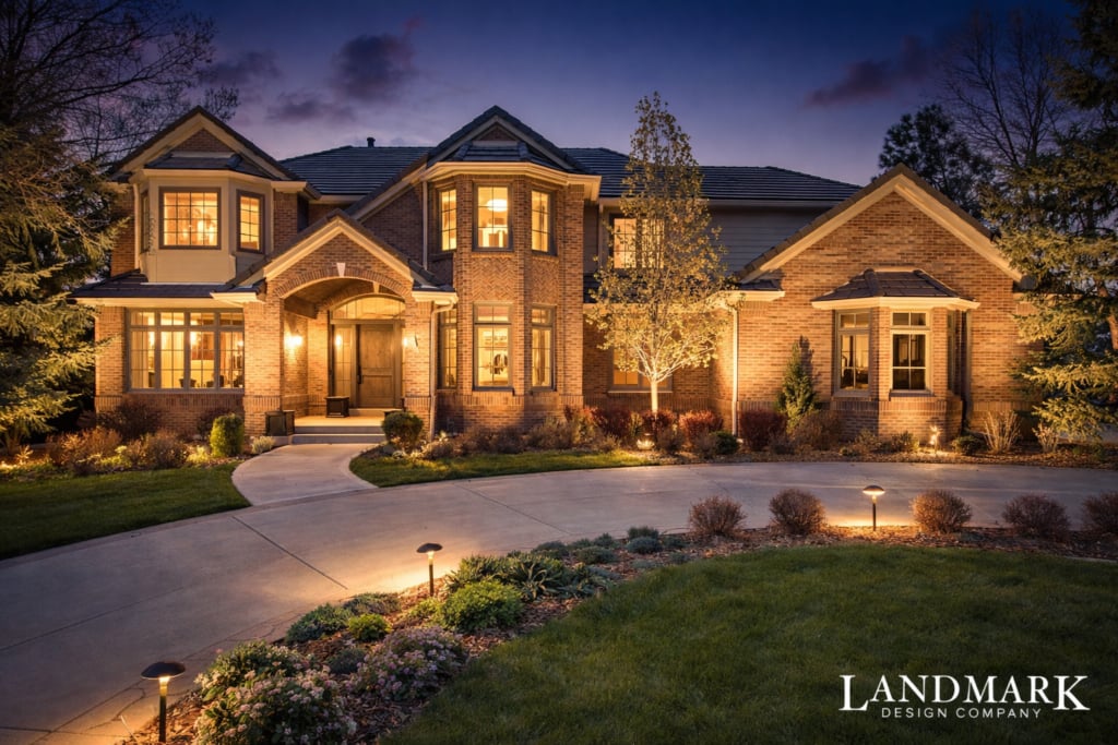 A beautifully lit brick house at dusk surrounded by landscaped gardens and trees.