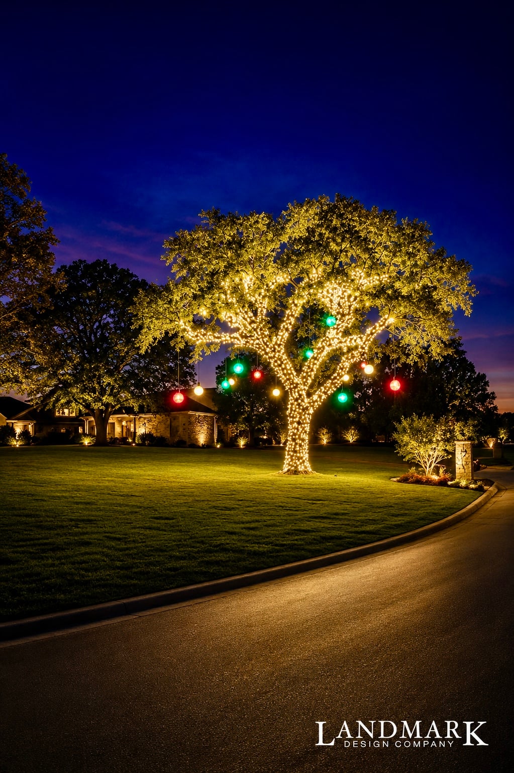 Large multi-gable manor outlined in warm white lights, with lit trees beside it.