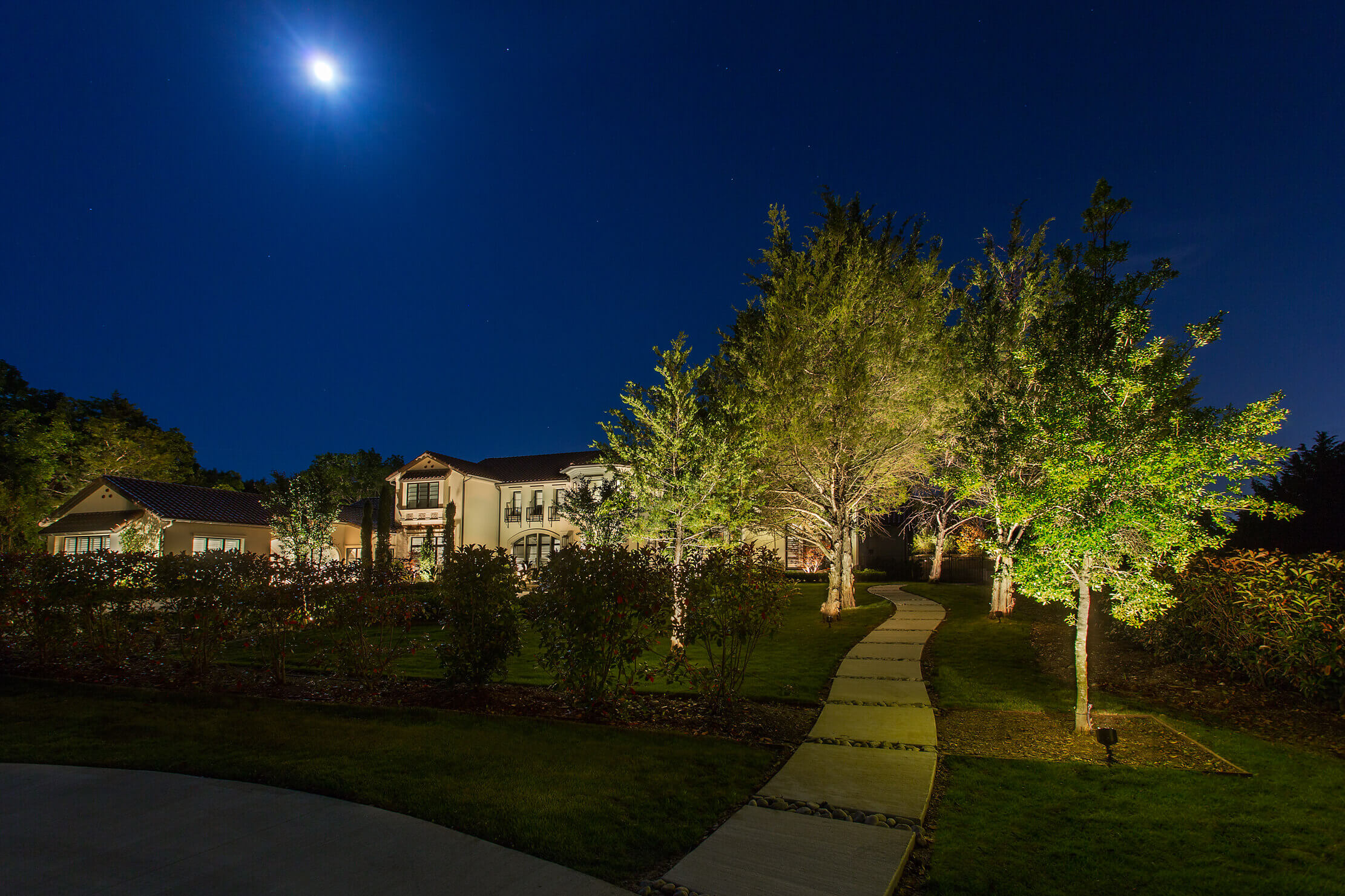 A well-lit path leads to a modern house, surrounded by trees and shrubs under a clear night sky with the moon.