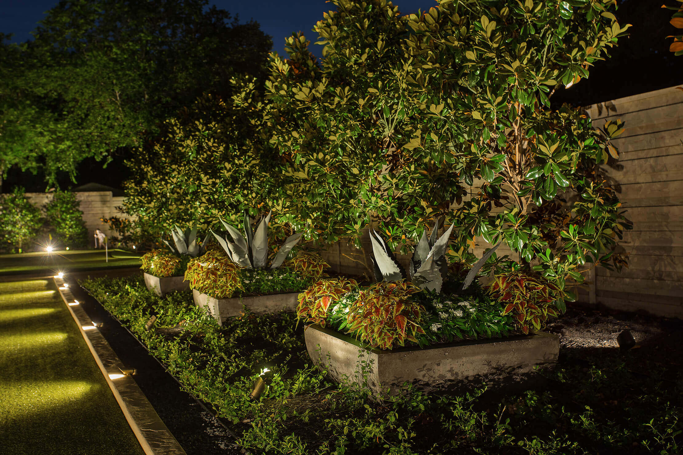 A landscaped garden at night featuring illuminated plants and trees in concrete planters.