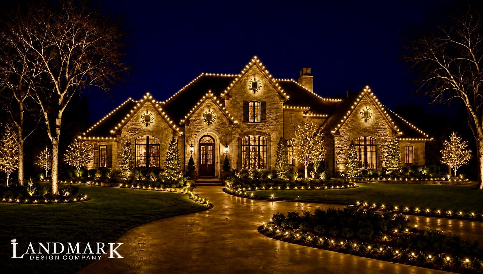 A beautifully lit stone house at night, surrounded by decorated trees and landscaped gardens.