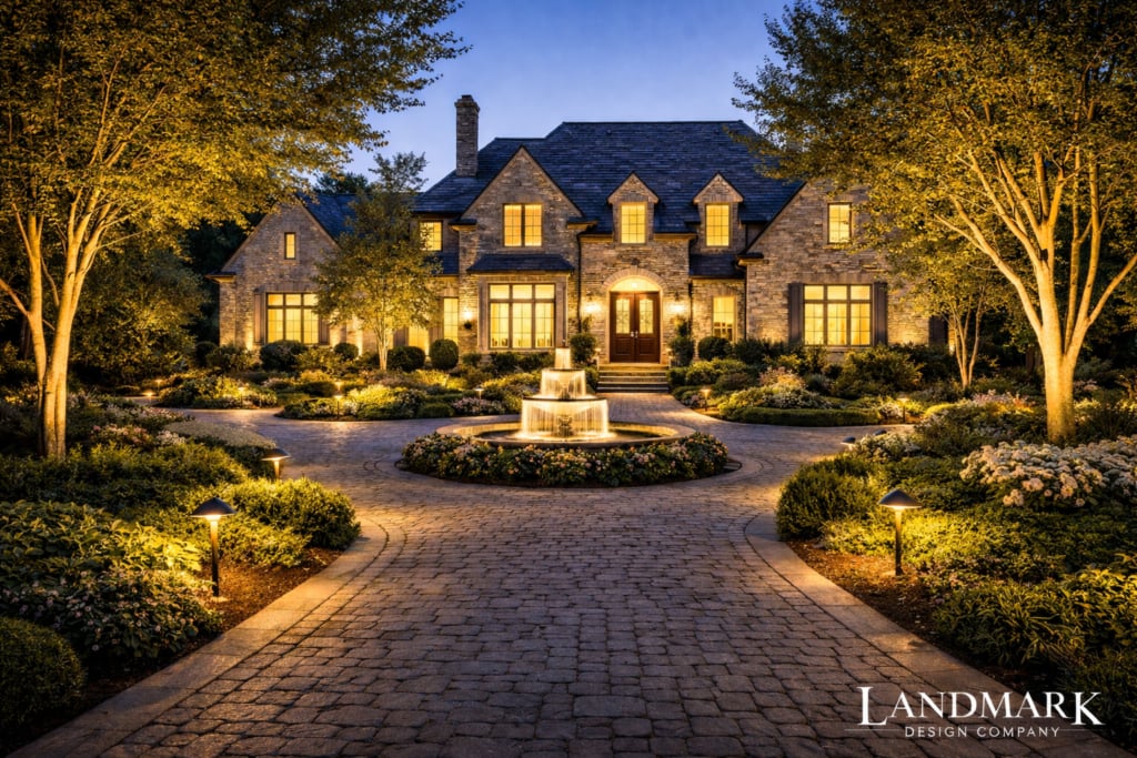 A beautifully lit stone house with arched windows, surrounded by landscaped gardens and a fountain in the evening.