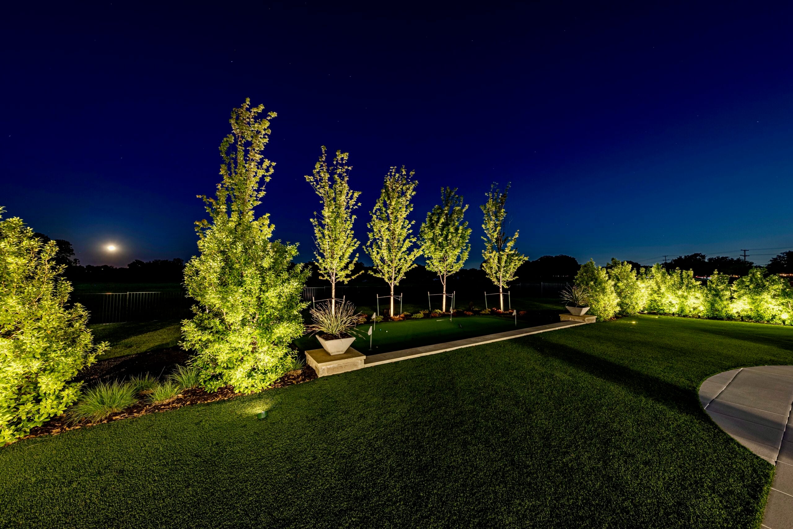 Lit landscape featuring tall trees and shrubs under a night sky with a visible moon.