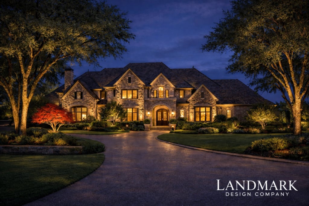 Stone home with outlined rooflines and a driveway edged in small warm white lights.