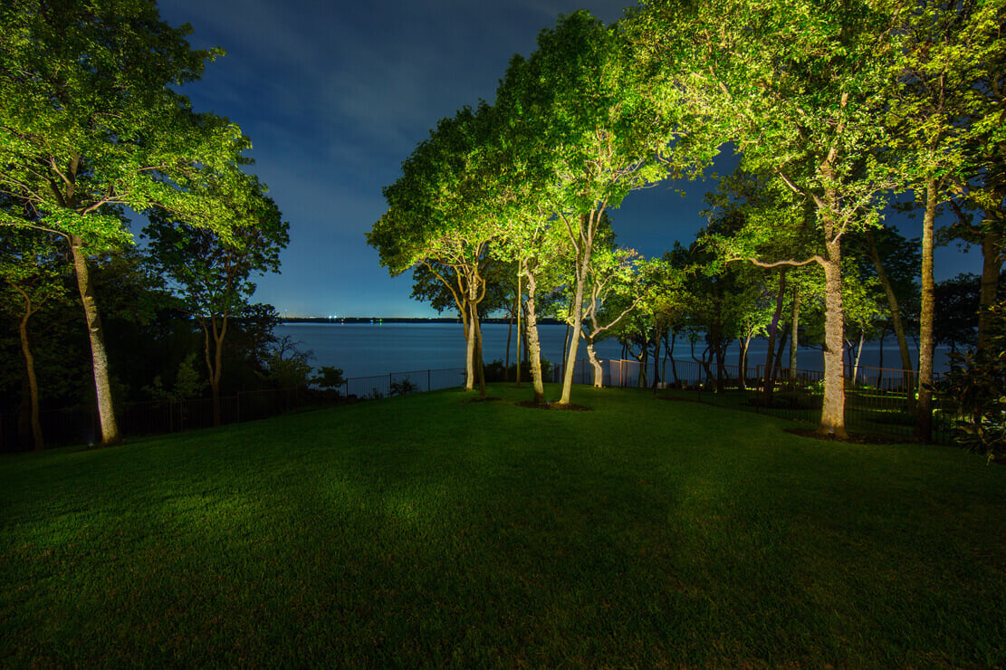 A grassy area at night with illuminated trees, overlooking a calm body of water and distant lights.