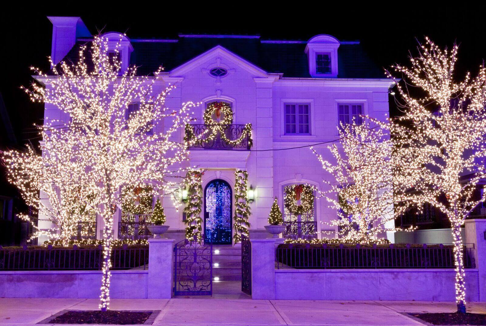 White-wrapped trees and purple uplighting on a front facade at night.