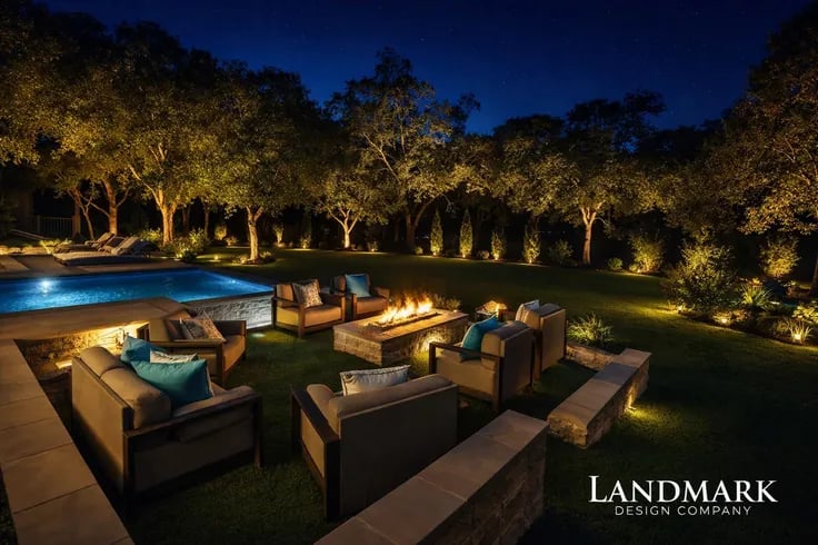 Sunken fire-pit lounge beside a pool, with landscape lighting washing a grove of trees