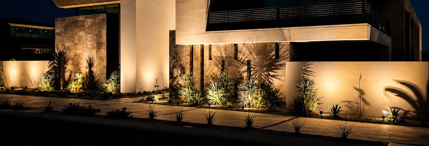 Modern stone and stucco home facade with uplit walls and lit desert plantings along the walk