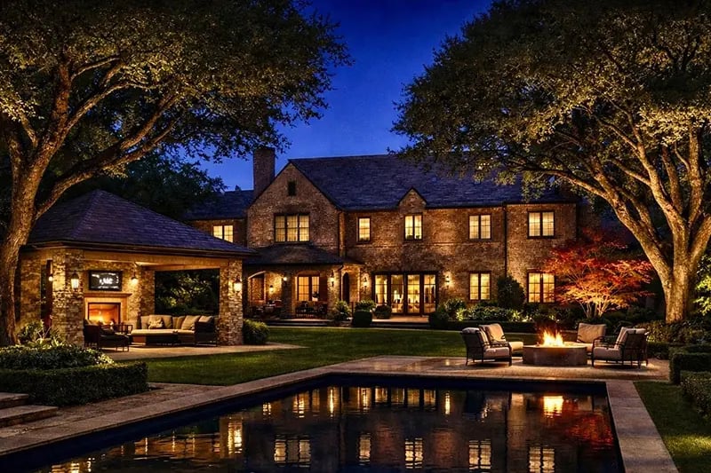 Stone home and covered patio at night, with a lit fire pit and seating beside a reflecting pool