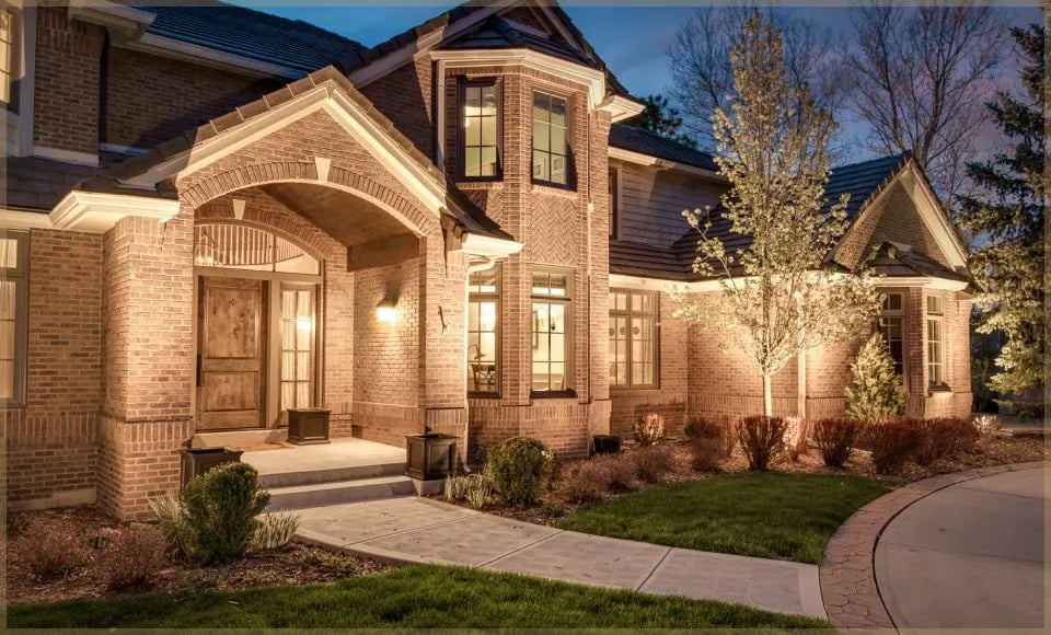 Brick home at dusk with landscape lighting on the entry, trees and walkway