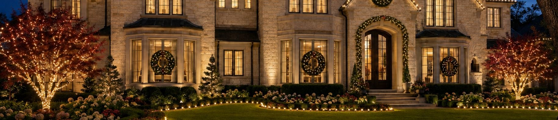 Stone estate at night with roofline Christmas lights, wreaths and uplit trees